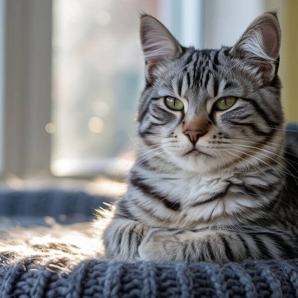 Chat âgé tigré assis près d’une fenêtre, profitant d’un moment calme malgré son âge avancé.