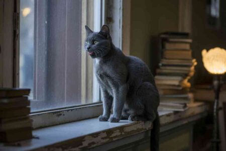 Chat qui miaule la nuit, assis sur le rebord d’une fenêtre, dans une pièce sombre avec une lampe allumée