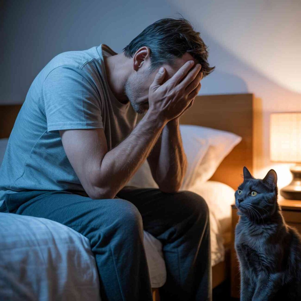 Homme fatigué assis sur son lit la nuit, la tête dans les mains, dérangé par un chat qui le regarde