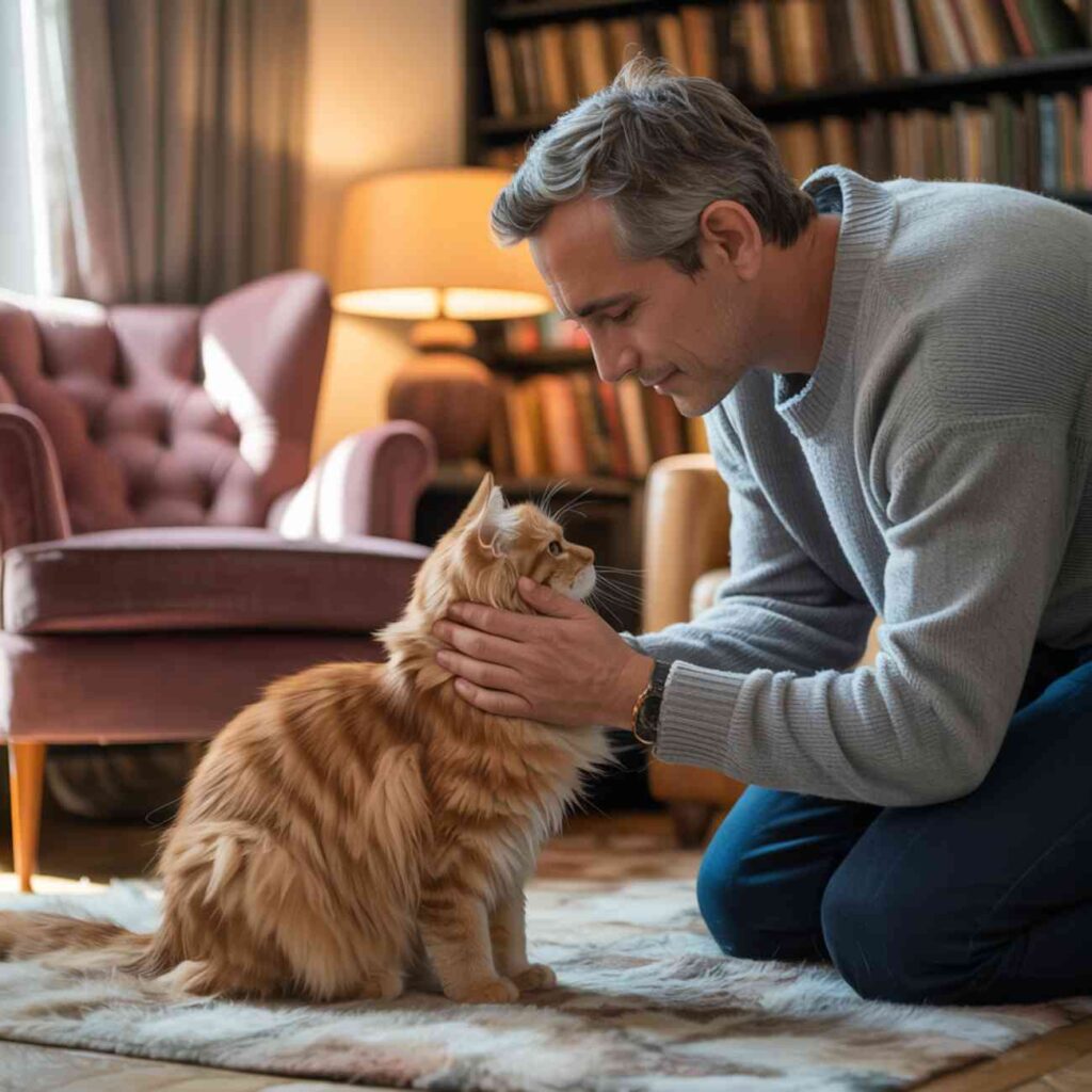 Homme caressant tendrement son chat dans un salon chaleureux, scène de complicité et d’apaisement