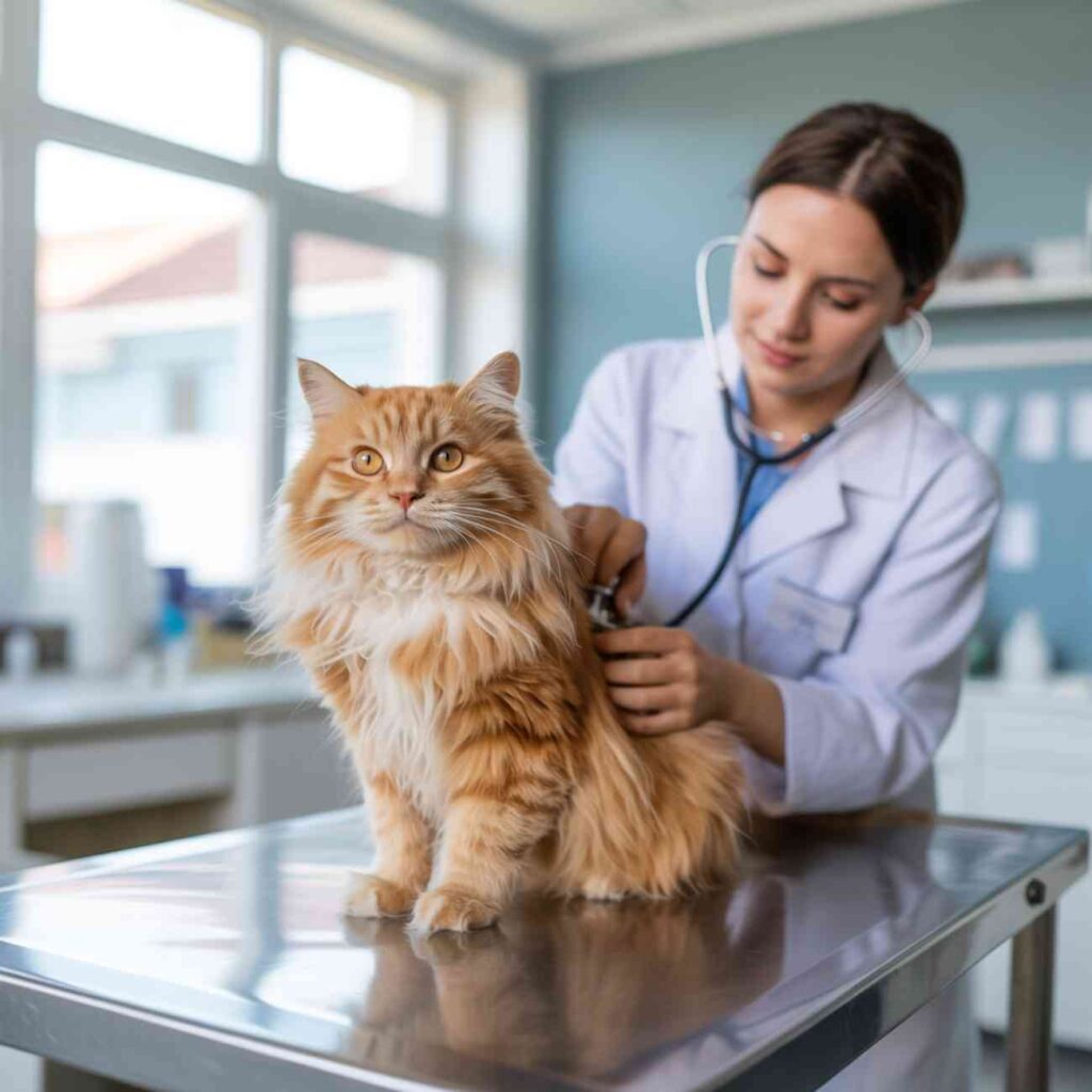 Chat roux examiné par une vétérinaire sur une table de consultation dans une clinique lumineuse