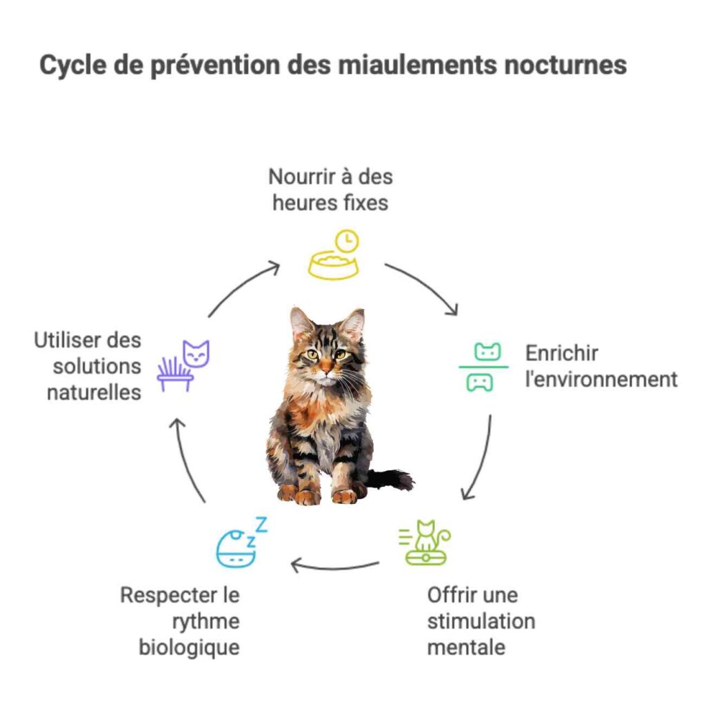 Schéma illustrant les étapes de prévention des miaulements nocturnes chez le chat, avec un chat au centre et des pictogrammes tout autour