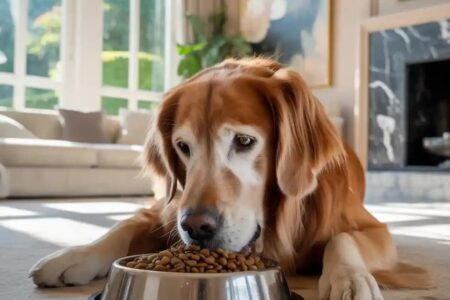 Chien senior allongé sur un tapis, regardant vers la caméra, illustrant le besoin d’adapter son alimentation après 7 ans