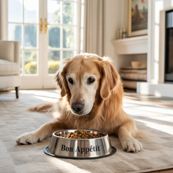 Chien senior assis devant sa gamelle, prêt à manger une alimentation adaptée à son âge