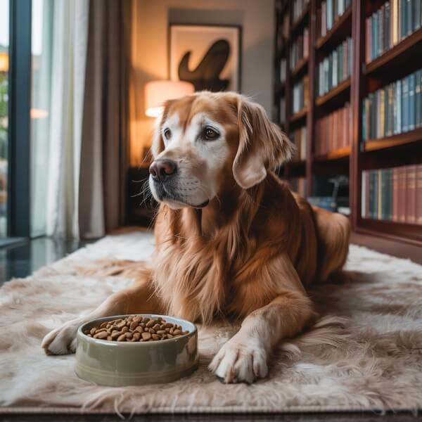 Chien senior allongé sur un tapis, regardant au loin, avec une gamelle de croquettes à ses côtés