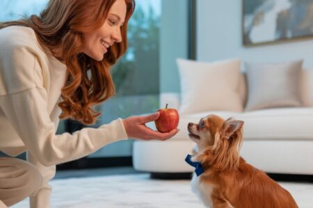 Une femme souriante tend un fruit à son chien dans une cuisine lumineuse, illustrant un moment de complicité estivale et une alimentation saine.