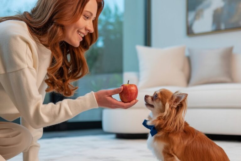 Une femme souriante tend un fruit à son chien dans une cuisine lumineuse, illustrant un moment de complicité estivale et une alimentation saine.