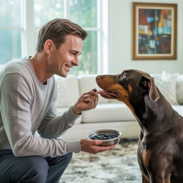 Un homme donne un fruit à un doberman attentif, illustrant une collation saine partagée dans un cadre domestique convivial.