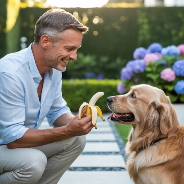 Un homme souriant tend une banane à son chien golden retriever dans un jardin fleuri, illustrant une collation saine et estivale.