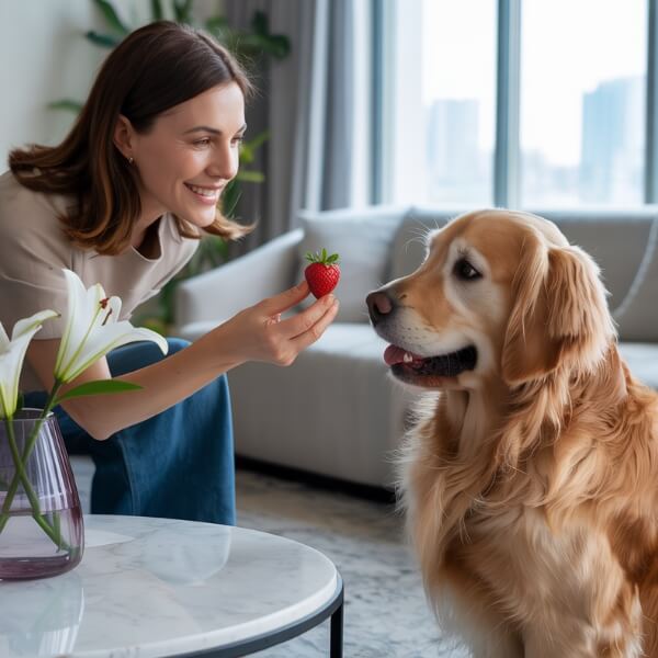 Une femme donne un fruit à son golden retriever assis à table, illustrant une collation estivale saine et rafraîchissante pour chien.