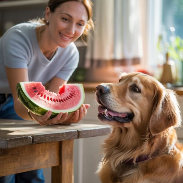 Une femme souriante présente une tranche de pastèque à un golden retriever enthousiaste, illustrant un moment estival de partage et de fraîcheur.