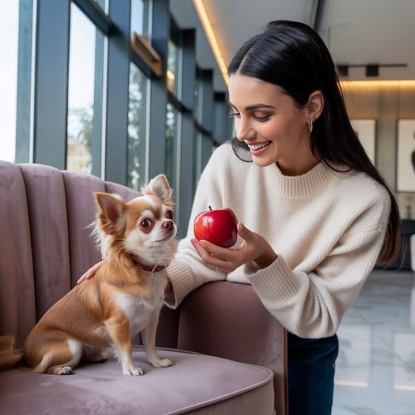 Une femme tient une pomme devant son chien assis sur un canapé, illustrant l’idée de partager des fruits sains avec son animal de compagnie.