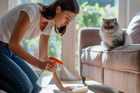 Femme nettoyant une tache sur le sol avec un chiffon pendant que son chat l'observe depuis le canapé