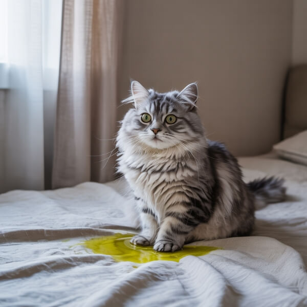 Chat assis sur un lit avec une flaque de pipi visible sur les draps