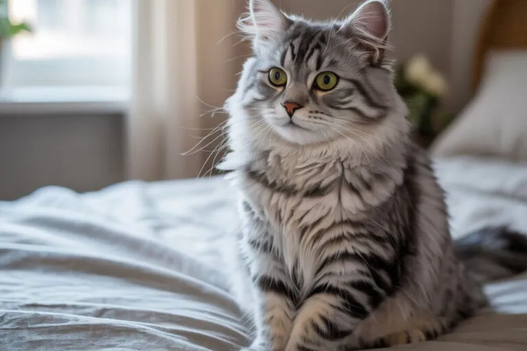 Chat assis sur un lit, regardant en direction de l’objectif dans un intérieur lumineux