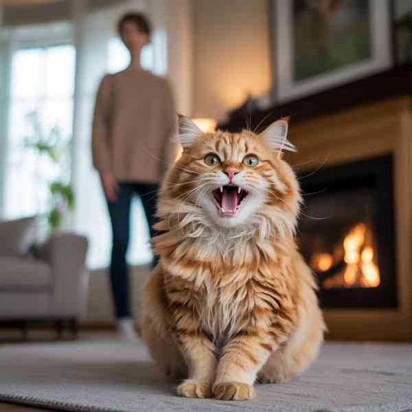 Chat roux miaulant dans un salon, illustrant un miaulement de douleur chez le chat