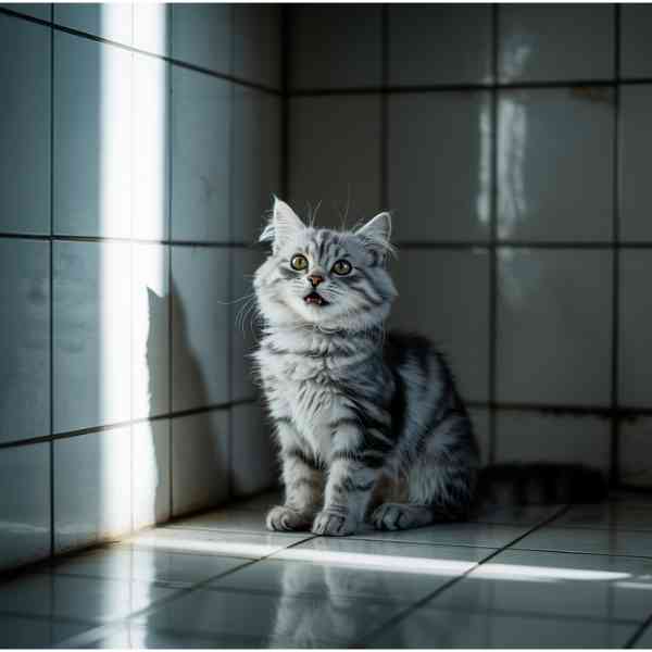 Chat gris tigré miaulant dans un coin sombre, illustrant un miaulement de douleur chez le chat