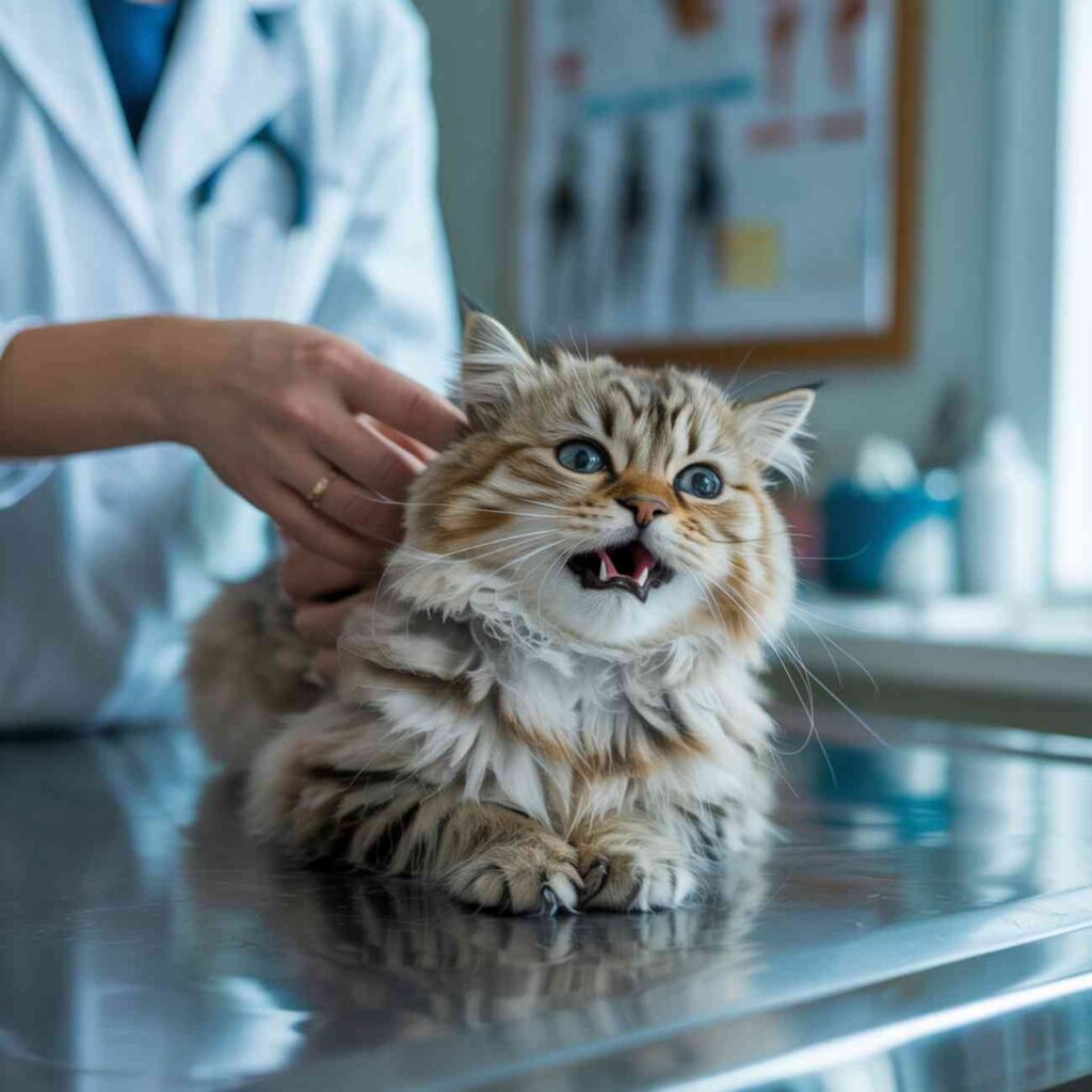 Chat qui miaule pendant une consultation, illustrant calmer un chat qui miaule