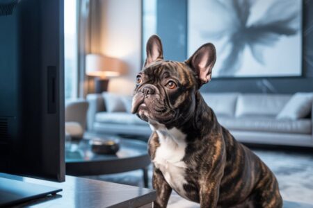 Chien bouledogue français attentif devant une télévision allumée dans un salon moderne