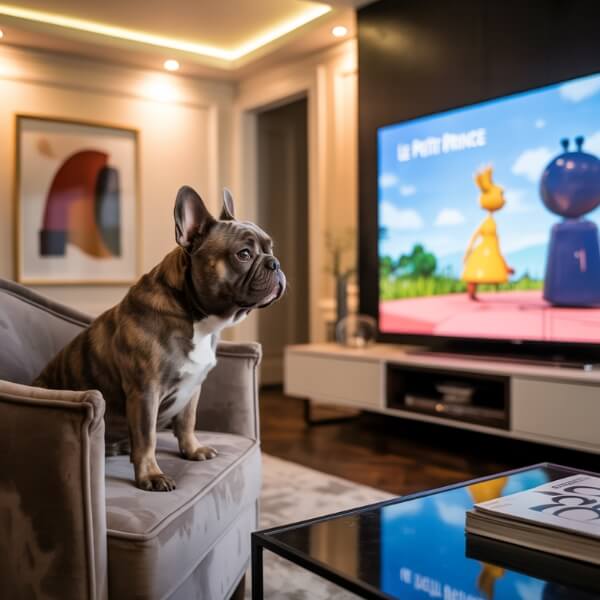 Bouledogue français debout sur un canapé, observant une télévision allumée diffusant un dessin animé coloré