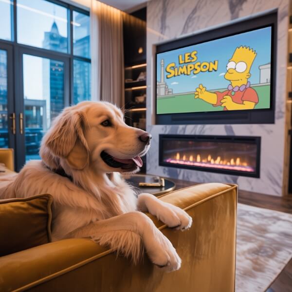 Golden Retriever allongé sur un canapé, regardant un dessin animé à la télévision dans un salon chaleureux
