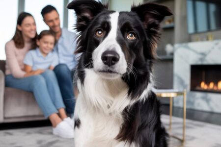 Un chien noir et blanc assis devant une famille souriante dans un salon chaleureux