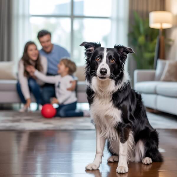 Chien assis au centre d’un salon, avec une famille souriante en arrière-plan