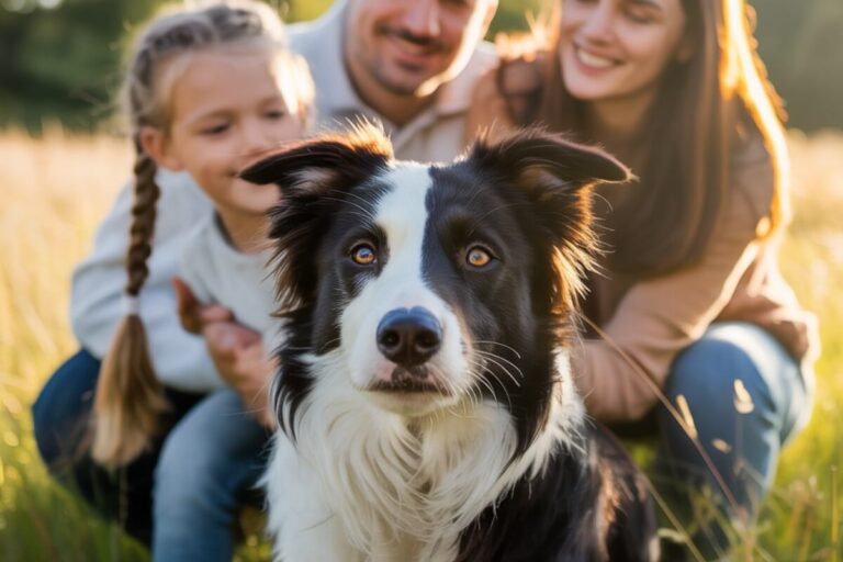 Un chien au regard attentif entouré d’enfants souriants dans un parc