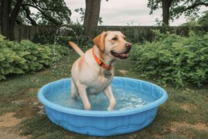 Labrador beige dans une bassine bleue en plastique, se rafraîchissant en été dans un jardin