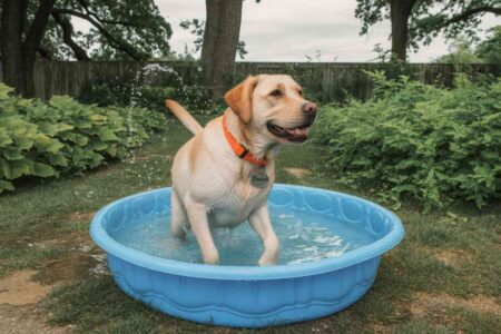 Labrador beige dans une bassine bleue en plastique, se rafraîchissant en été dans un jardin