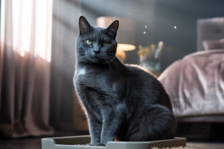 Chat noir assis dans son bac à litière, en position calme, dans une pièce lumineuse. Illustration d’un comportement félin lié à l’hygiène.