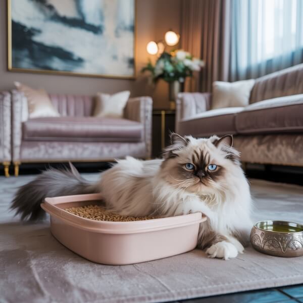 Chat à poils longs assis dans un bac à litière rose, dans un intérieur calme et chaleureux.