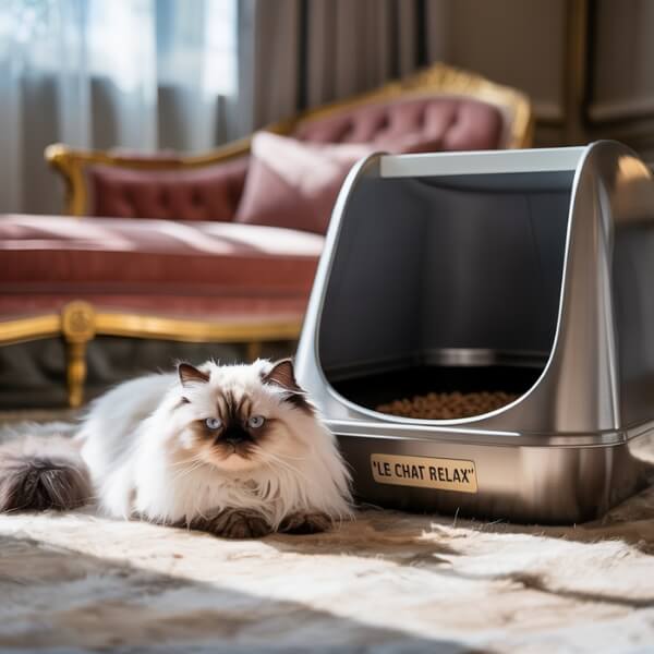 Chat allongé devant un bac à litière automatique dans un salon cosy, observant l’environnement d’un air détendu.