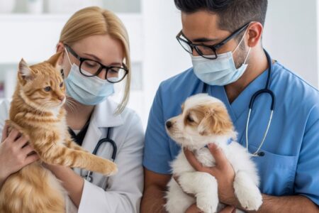 Deux vétérinaires en blouse examinant un chien et un chat dans une clinique, symbolisant les soins animaliers professionnels.