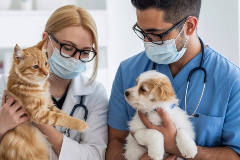Deux vétérinaires en blouse examinant un chien et un chat dans une clinique, symbolisant les soins animaliers professionnels.