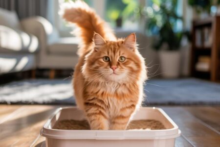 Chat roux assis dans un bac à litière propre, symbole de réussite après rééducation