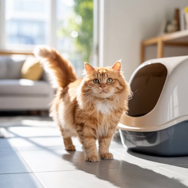 Chat roux sortant de sa maison de litière, symbole d’un comportement retrouvé