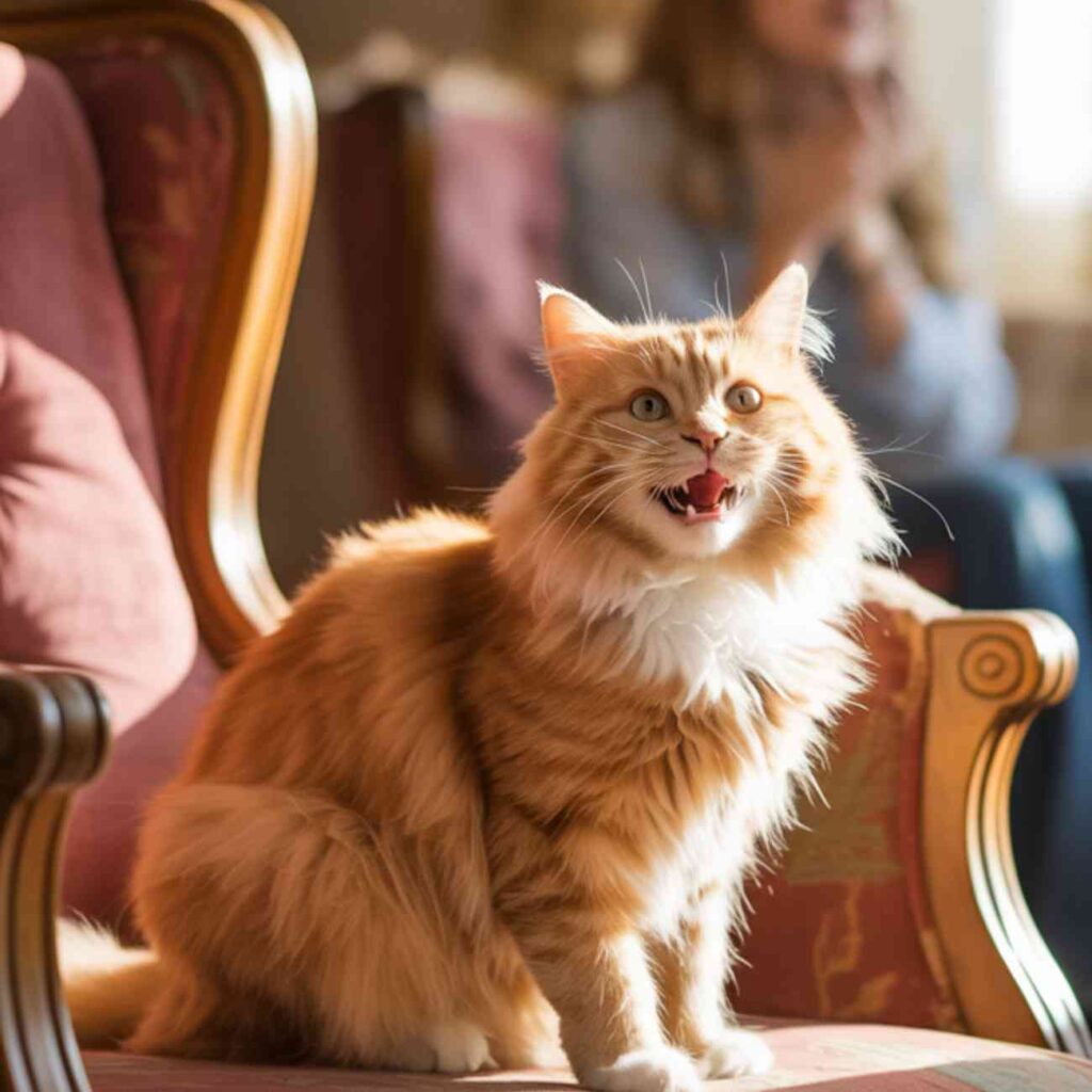 Chat qui miaule pour attirer l’attention dans un salon, illustrant calmer chat qui miaule