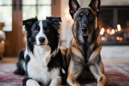 Un Border Collie et un Malinois assis côte à côte devant une cheminée, illustrant la comparaison entre deux races intelligentes de chiens.