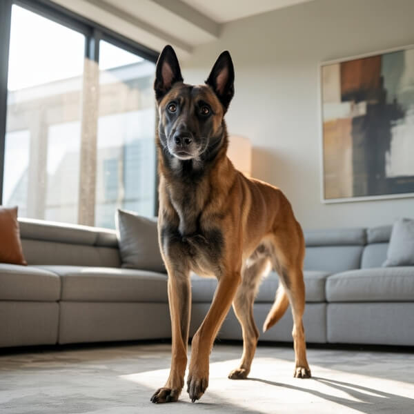 Un Malinois debout dans un salon moderne, regard perçant et posture alerte, incarnant force, autonomie et vigilance.