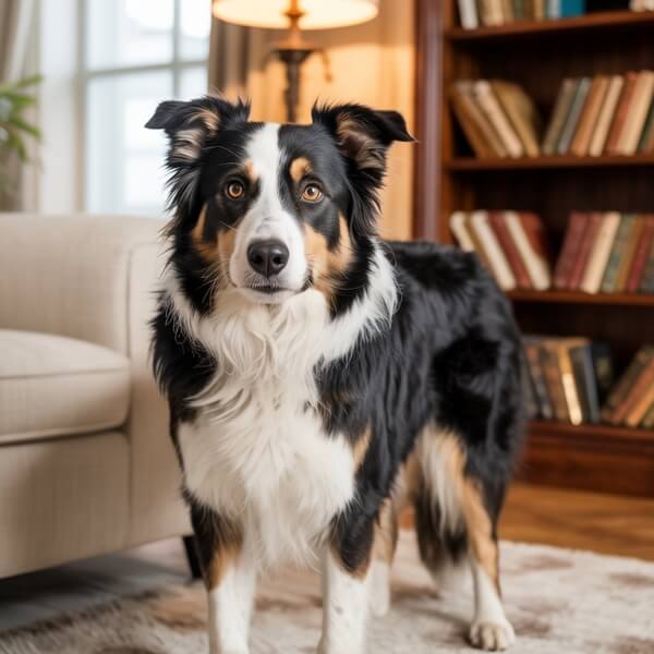 Un Border Collie tricolore assis dans un salon, alerte et attentif, symbole d’intelligence et de vivacité.