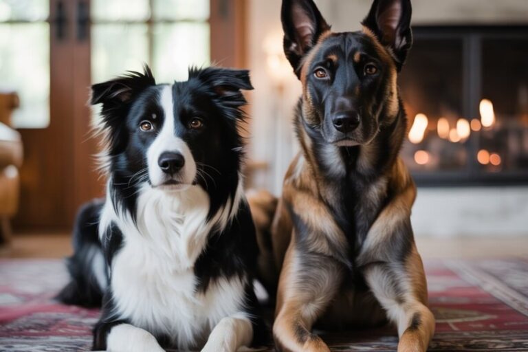 Qui choisir entre un border collie ou un malinois ? l’intelligence ne fait pas tout… Un Border Collie et un Malinois assis côte à côte devant une cheminée, illustrant la comparaison entre deux races intelligentes de chiens.