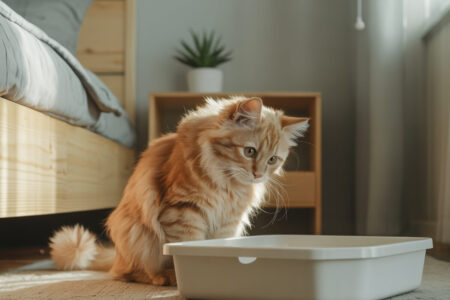 Chat roux regardant son bac à litière dans un salon moderne, signe de malaise ou de doute face à l’utilisation de sa litière.