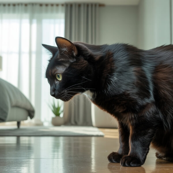 Chat noir inspectant le sol près de la litière, montrant des signes d’hésitation ou de méfiance face à son environnement.