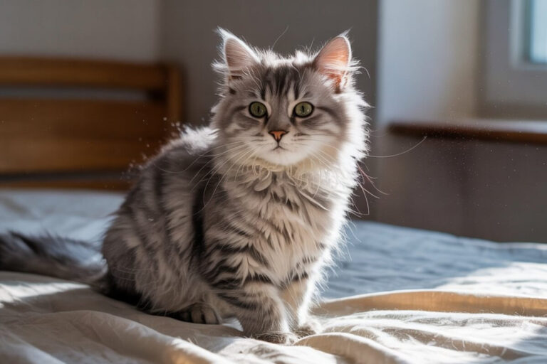 Chat à poil long assis sur un plaid dans une pièce lumineuse, regard fixe et posture calme, illustrant le thème de l’incontinence féline chez les chats âgés.