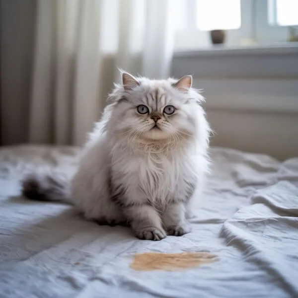 Chat blanc à poil long assis sur un lit avec une flaque d’urine visible en dessous, symbole clair de l’incontinence urinaire féline.