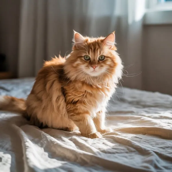 Chat roux à poil mi-long assis sur un lit, regard attentif et posture immobile, illustrant le sujet de l’incontinence féline et des signes discrets à observer chez les chats domestiques.