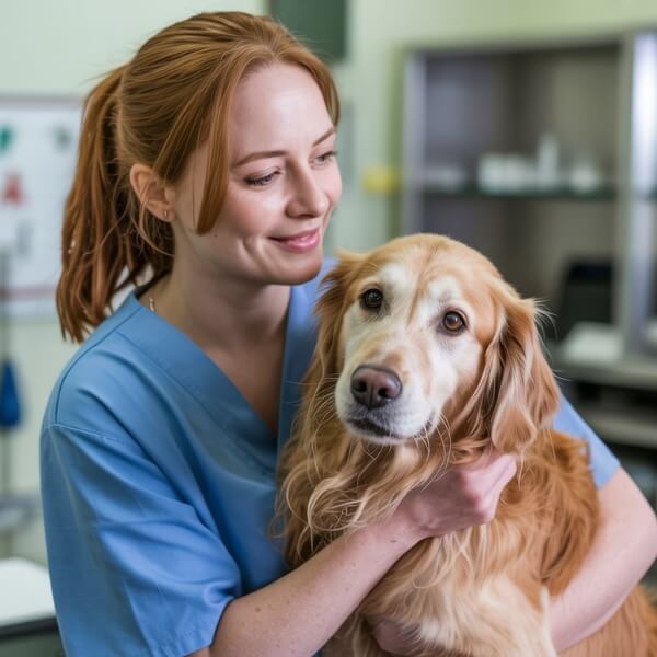 Vétérinaire souriante tenant un chien après une consultation en clinique