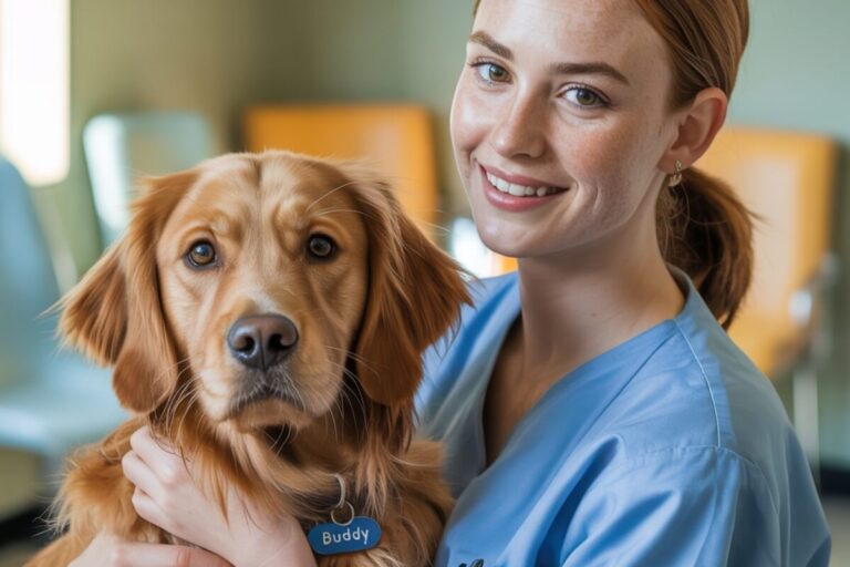 Vétérinaire souriante tenant un chien après une consultation en clinique