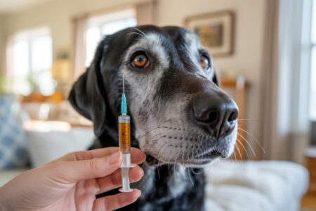 Ce texte est concis, descriptif et contient les mots-clés « chien », « injection », « vaccins », « 2025 » et « vétérinaire ».